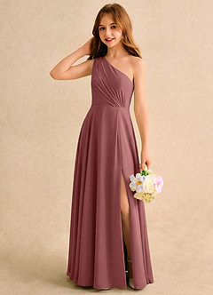 Azazie Puddles Girls Formal Robe Demoiselle D'honneur Fillette Robe Trapèze en Mousseline de soie Une épaule Améthyste image3