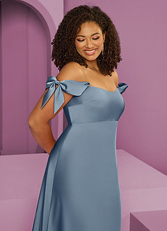 Barbie ♥ Azazie Bridesmaid Dresses Dusty Blue Sheath Off the Shoulder Stretch Satin Convertible Dress image12