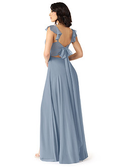 Azazie Everett Robes de demoiselle d'honneur Robe Trapèze en Mousseline de soie Col V froncé Bleu Poussiéreux image3