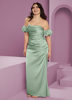 Barbie ♥ Azazie Jurken voor bruidsmeisjes Converteerbaar Jurk van Stretch Satijn met Kolom Off the Shoulder Agave image14