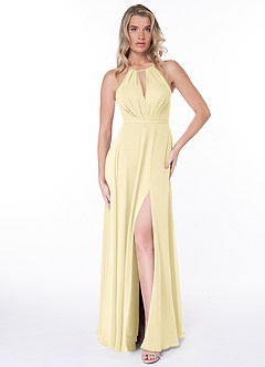 Azazie Evalleen Robes de demoiselle d'honneur Robe Trapèze en Mousseline de soie Plissée Sorbet Citron image6