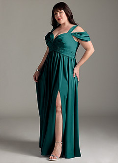 Azazie Lianne Bridesmaid Dresses Peacock A-Line Off the Shoulder Stretch Satin Dress image13