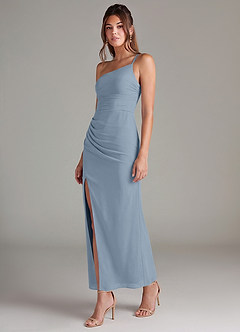 Azazie Eren 신부 들러리 드레스 인어 한쪽 어깨 쉬폰 발목 길이 드레스 image5