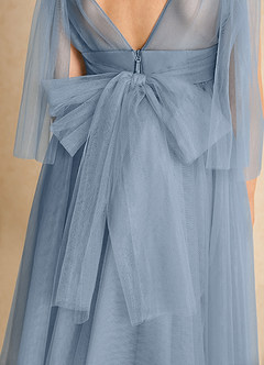Azazie Dori Robe Demoiselle D'honneur Fillette Robe Trapèze en Tulle Rayé Bleu Poussiéreux image7