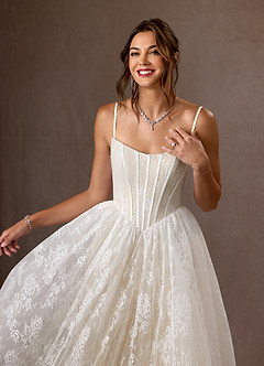 Azazie Demetria Wedding Dresses Diamond White Champagne Ball-Gown Strapless Lace Dress image4