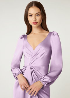 Azazie Mel Bridesmaid Dresses Frosted Lilac Sheath Long Sleeve Stretch Satin Dress image5