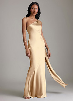 Azazie Galinda Bridesmaid Dresses Champagne Mermaid One Shoulder Stretch Satin Dress image5