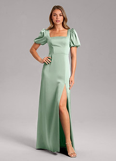 Azazie Fyona Bridesmaid Dresses Agave A-Line Pleated Stretch Satin Dress image1