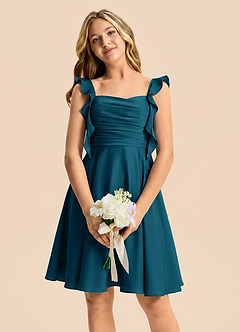 Azazie Kira Junior Ink Blue A-Line Ruched Stretch Satin Dress image3