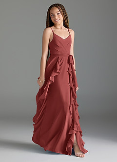 Azazie Peyton Junior Terracotta A-Line V-Neck Cascading Ruffles Chiffon Dress image3