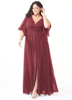 Azazie Temeka Vestidos de damas de honor Vestido de Merlot de Gasa de Corte en A con Volante image7