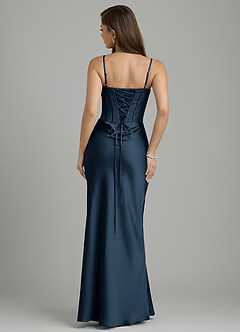 Azazie Allison At-home Try On Dresses Dark Navy Mermaid Corset Stretch Satin Dress image2