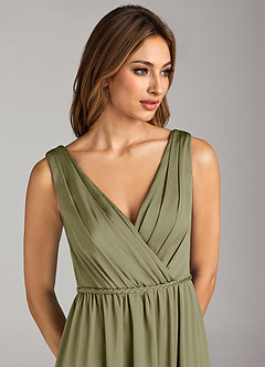 Azazie Tanicia Bridesmaid Dresses Pistachio A-Line Pleated Stretch Satin Dress image6