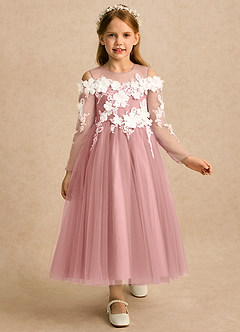 Azazie Lilah vestidos de niña de las flores Vestido Rosa Polvorienta de Tul de Línea A con Encaje image1