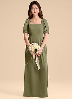 Azazie Briar Junior Pistachio A-Line Bow Stretch Satin Dress image1