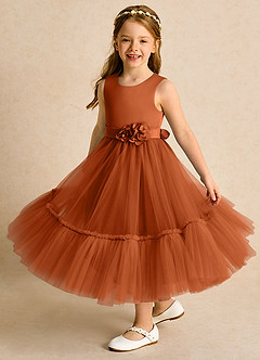 Azazie Miracle vestidos de niña de las flores Vestido de Naranja Quemada de Satin Mate de Corte En A con Lazo image4