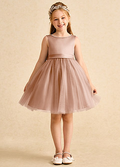 Azazie Jani Flower Girl Dresses Champagne Rose A-Line Bow Tulle Dress image4