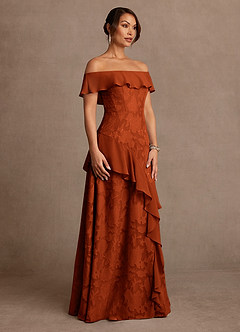 Azazie Marina Mother of the Bride Dresses Paprika A-Line Off the Shoulder Floral Burnout Dress image3
