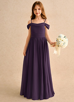 Azazie Shia Girls Formal Robe Demoiselle D'honneur Fillette Robe Trapèze en Mousseline de soie Épaule décolletée Prune image4