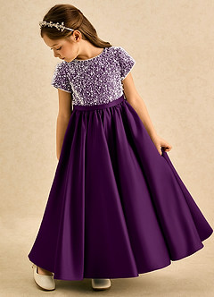 Azazie Cashew Flower Girl Dresses Grape Ball-Gown with Sleeves Matte Satin Dress image5