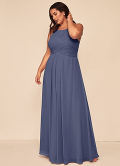Azazie Ginger Robes de demoiselle d'honneur Robe Trapèze en Mousseline de soie Dos nu plissé Bleu Orageux image12