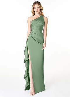 Azazie Latrice Bridesmaid Dresses Matcha Sheath One Shoulder Cascading Ruffles Stretch Satin Dress image1