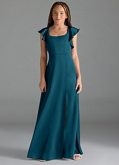 Azazie Bondi Junior Ink Blue A-Line Side Slit Stretch Satin Dress image1