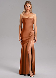 Azazie Grata Bridesmaid Dresses Copper Sheath Side Slit Stretch Satin Dress image3