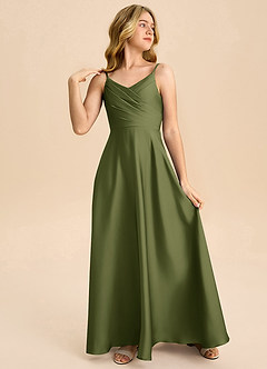 Azazie Bug Junior Olive A-Line Pleated Stretch Satin Dress image4