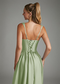 Azazie Nevaeh At-home Try On Dresses Dusty Sage A-Line Corset Stretch Satin Dress image7