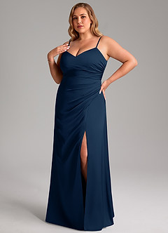 Azazie Azuree Vestidos de damas de honor Vestido de Azul Marino Oscuro de Satén Elástico de Corte en A con Plisado image9