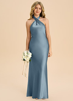 Azazie Chickie Junior Dusty Blue Sheath Pleated Stretch Satin Dress image3