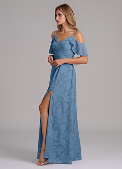 Azazie Dakota Bridesmaid Dresses Steel Blue A-Line Off the Shoulder Floral Burnout Dress image6