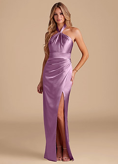 Azazie Zaya Bridesmaid Dresses Wisteria Sheath Pleated Metallic Satin Dress image1