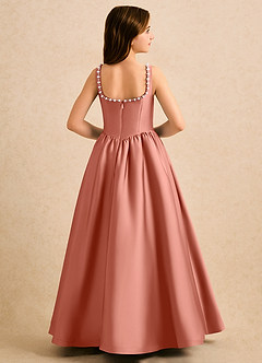 Azazie Enid Girls Formal Flower Girl Dresses Salmon Pink A-Line Beaded Stretch Satin Dress image2