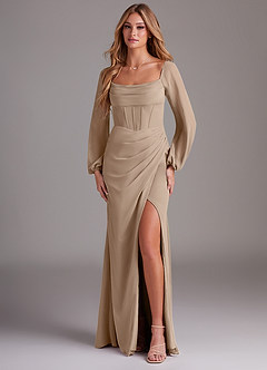 Azazie Charissa Abiti da Damigella Abito Tubino in Chiffon Manica Lunga Taupe image1