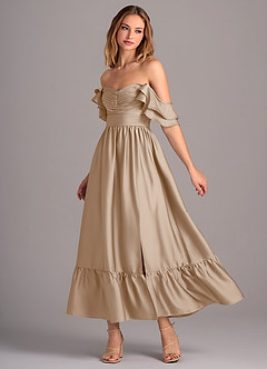 Azazie Anaya Robes de demoiselle d'honneur Robe Trapèze Convertible en Satin extensible Encolure en Forme de Cœur Taupe image3