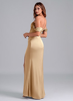 Azazie Asha Bridesmaid Dresses Champagne Sheath Off the Shoulder Stretch Satin Convertible Dress image2