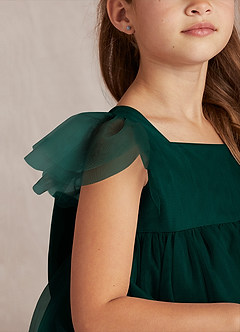 Azazie Kalio Flower Girl Dresses Pine A-Line with Sleeves Tulle Dress image3