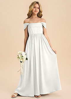 Azazie Hattie Junior White A-Line Pleated Stretch Satin Dress image1