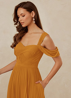 Christian Siriano Bridal for Azazie 1013 Bridesmaid Dresses Butterscotch A-Line Off the Shoulder Chiffon Dress image6