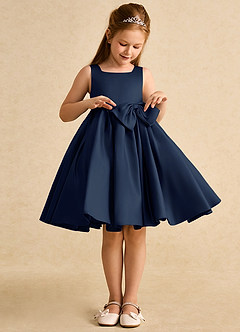 Azazie Jessie Blumenmädchenkleider A-Linie Schleifen Matte Satin Kleid Dunkelmarine image3