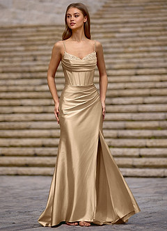 Azazie 2026 Modest Lace Up Beading Column Prom Dress Champagne Gown
