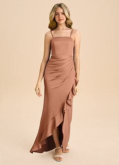 Azazie Buzzy Junior Bronzer Sheath Pleated Stretch Satin Dress image4