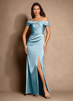 Azazie Altonia Mère de la mariée Robes Robe Sirène en Satin extensible Épaule décolletée Bleu Maussade image4
