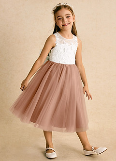 Azazie Lina Flower Girl Dresses Ivory Champagne Rose Ball-Gown Lace Dress image4