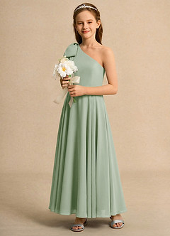 Azazie Guppy Junior Formal Jurken voor bloemenmeisjes A-Lijn Jurk van Chiffon One-Shoulder Stoffige Salie image6