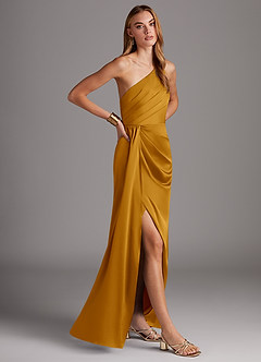 Azazie Mika Bridesmaid Dresses Butterscotch Sheath One Shoulder Stretch Satin Dress image4