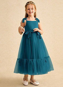 Azazie Jaci Flower Girl Dresses Ink Blue A-Line Spaghetti Strap Chiffon Dress image3