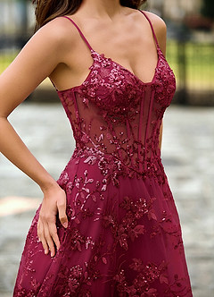 Willowener Burgundy Sequined Lace Prom Dress image5